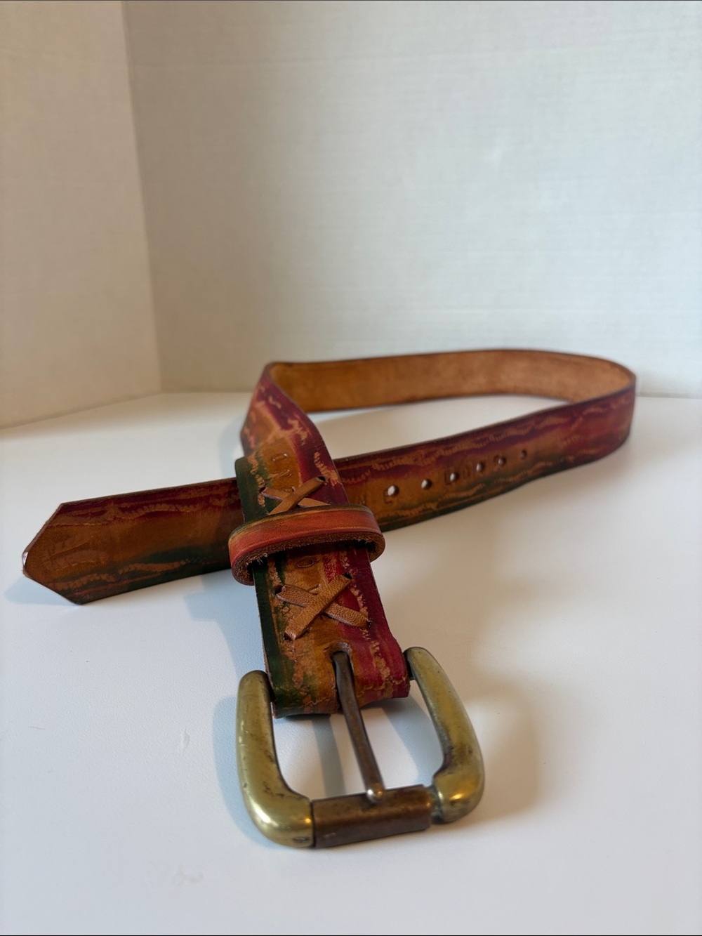 “One Love” Hand-Painted and Hand-made Leather Men's Belt - Red/Brown/Green